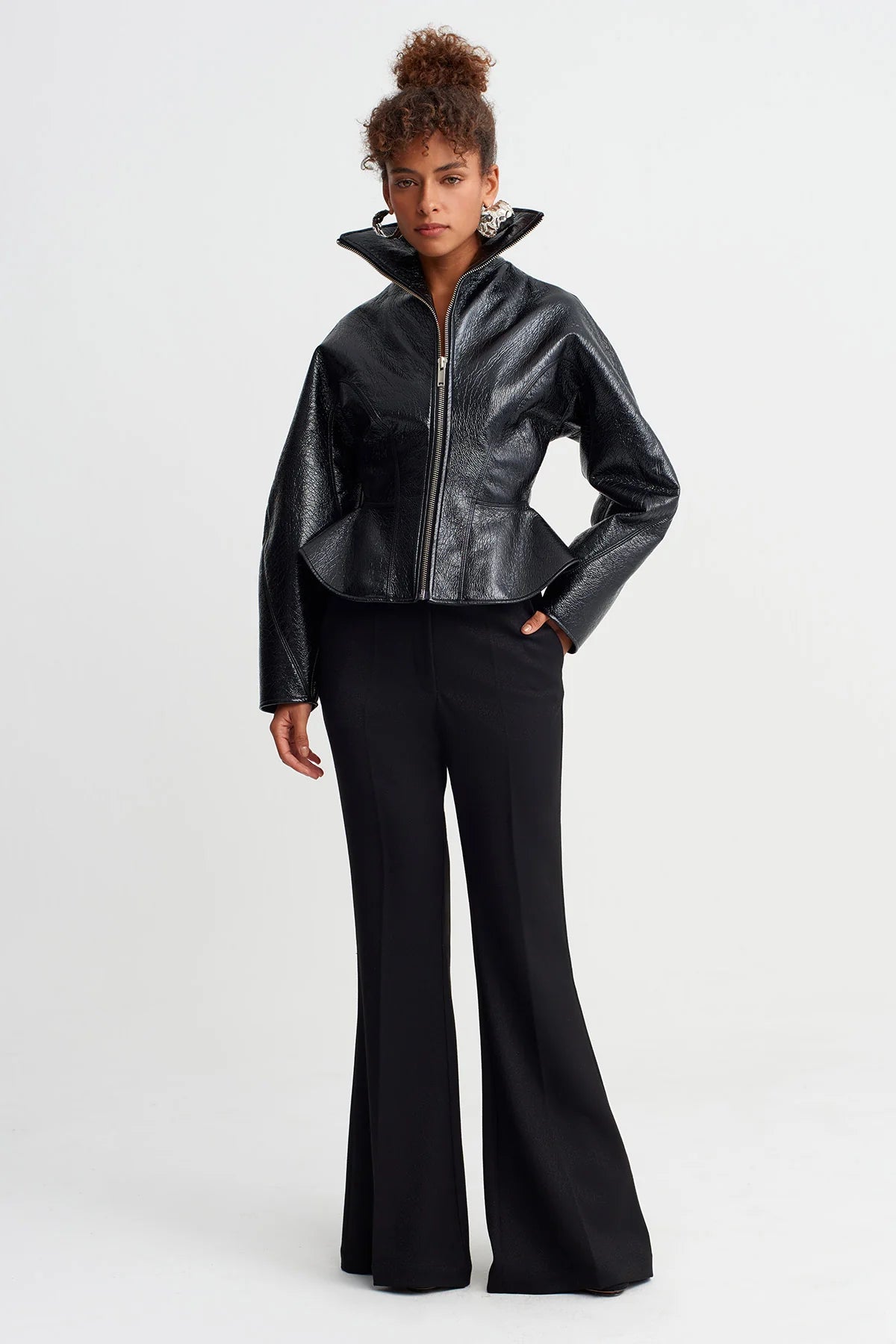 Black Stand Collar Fitted Waist Glossy Jacket