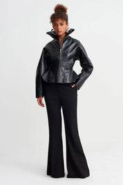Black Stand Collar Fitted Waist Glossy Jacket