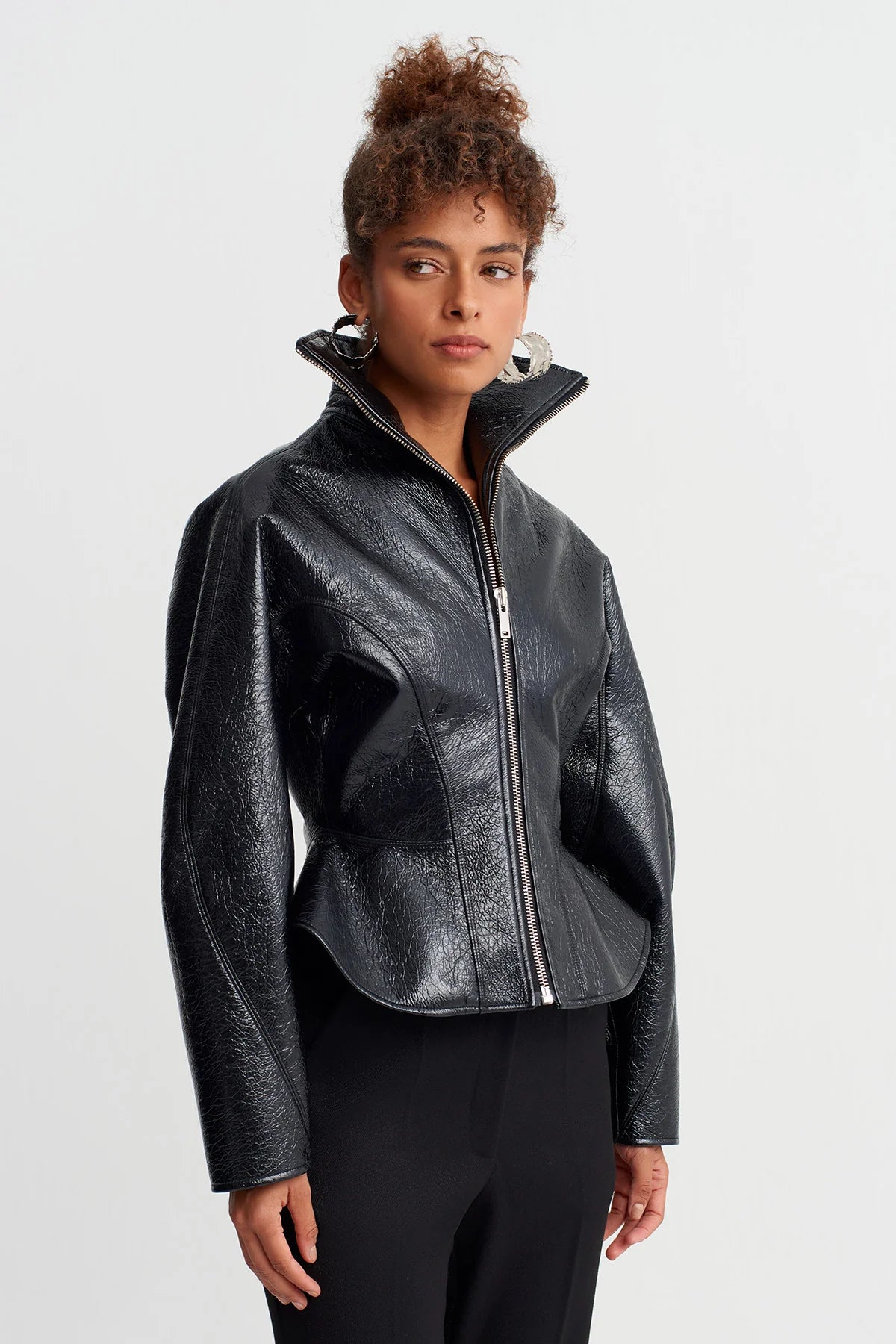 Black Stand Collar Fitted Waist Glossy Jacket