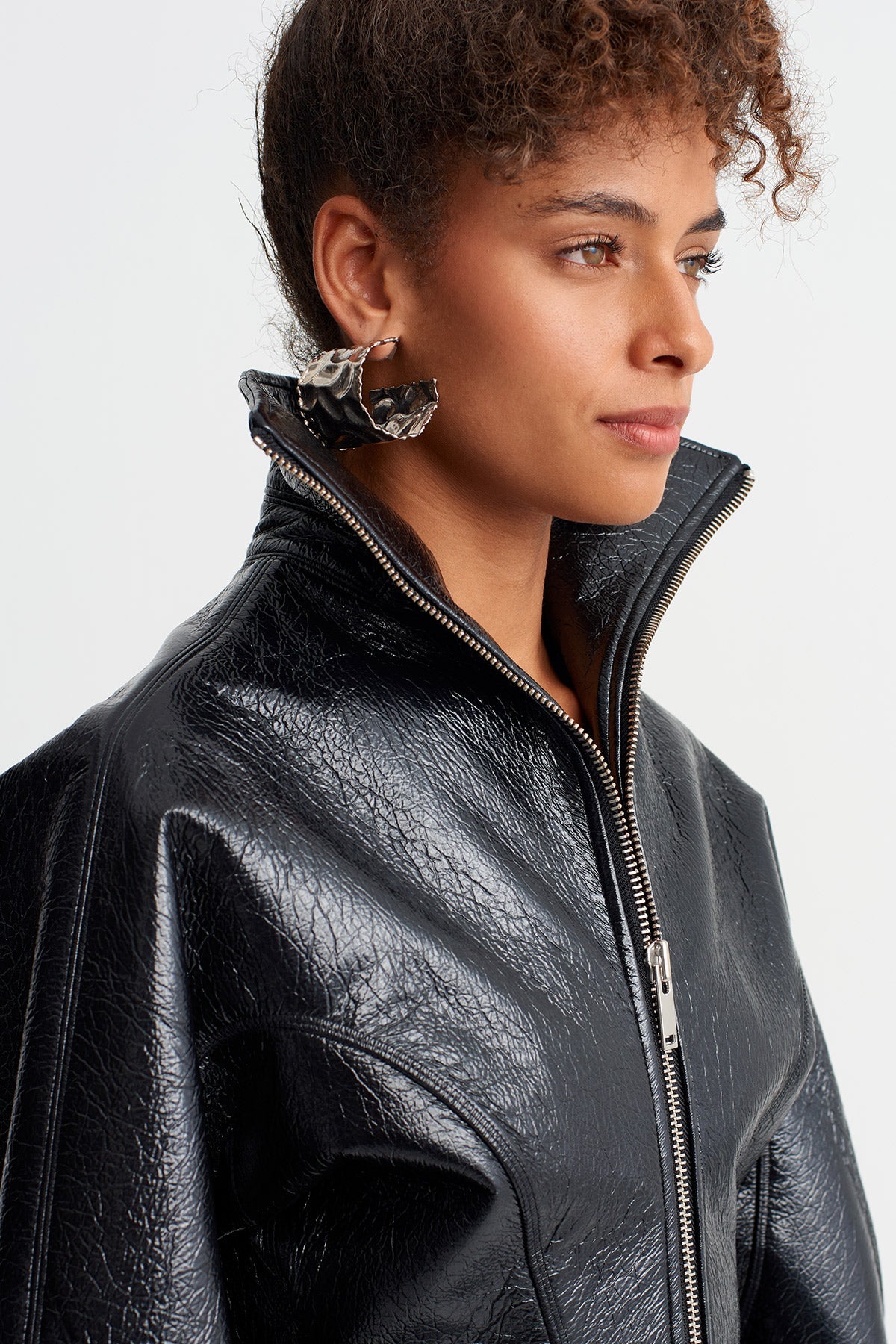 Black Stand Collar Fitted Waist Glossy Jacket