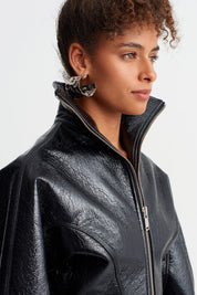 Black Stand Collar Fitted Waist Glossy Jacket