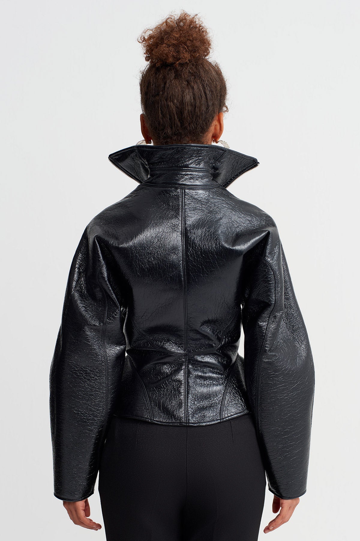 Black Stand Collar Fitted Waist Glossy Jacket
