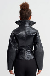 Black Stand Collar Fitted Waist Glossy Jacket